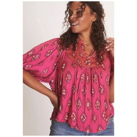 Anthropologie Women’s Top Puffed Sleeve Ikat Floral Henley Relaxed Pink & Red XS - Picture 8 of 9